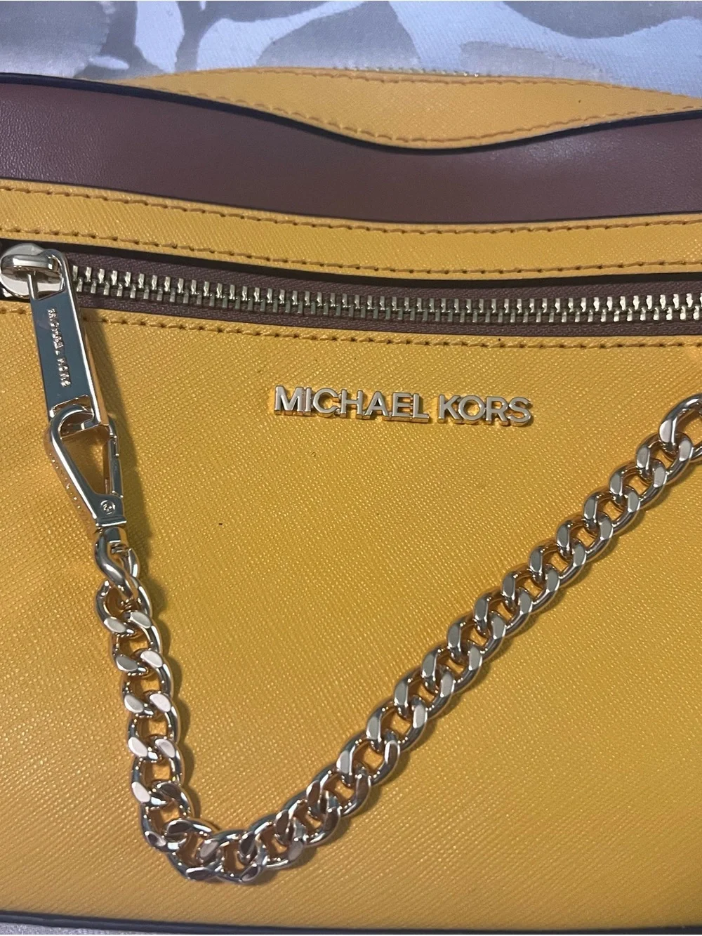 Michael Kors Yellow and Brown Leather Chain-Accent Crossbody